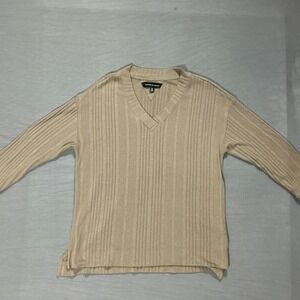 Andrew Marc Womens Ribbed Knit V-Neck Top Tan‎ Beige Long Sleeve Size Large